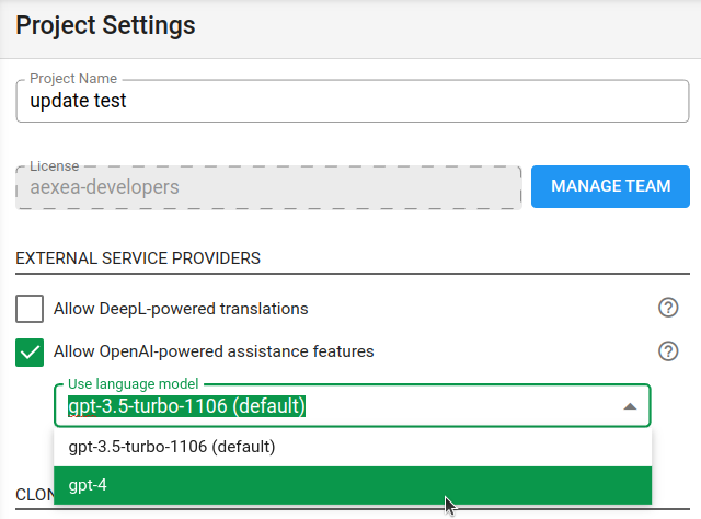 Choose the GPT Version in the project settings