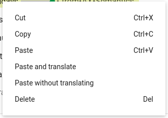 Screenshot of a context menu with the items "Paste and translate" and "Paste without translating"